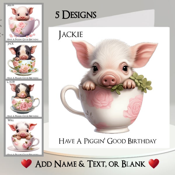 Teacup Piglet Card: Add Your Text + Name ~ 5 Designs To Choose From ~ Inside Message ~ Pig, Piglet, Tea Cup, Cute Pig, Pig In Cup, Coffee