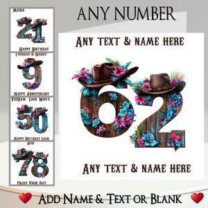 NÚMEROS: Tarjeta del Viejo Oeste. Añade tu nombre + texto, mensaje interior. Cualquier número, edad, cumpleaños, aniversario, sombrero de vaquero, flores, madera.