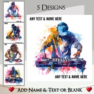 Carte DJ : ajoutez votre texte + votre nom, un message à l'intérieur, 5 modèles. Casques, platines, disc-jockey, platine vinyle, mixage, scratch, DJ set, fête