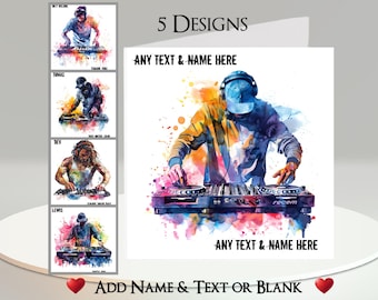 "DJ-Karte: Name, Name, Name, Name, Name, Name, Name, Name, Name, Text, 5 Designs." Kopfhörer, Music Decks, Disc Jockey, Turntable, Mixing, Scratching, DJ Set, Party