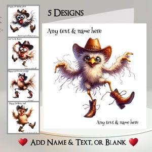 Cartão de Cowboy de Frango: Adicione seu Texto + Nome ~ 5 Designs para Escolher ~ Mensagem Interna ~ Western, Velho Oeste, Botas de Cowboy, Dança de Linha, Chapéu