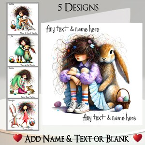 Tarjeta de Pascua: agrega tu texto + nombre, mensaje interior, 5 diseños, niña peculiar, huevo de Pascua, canasta, conejito de Pascua, conejo, mascota, abrazo, abrazo