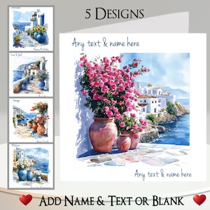Coastal Village Card: Add Your Text + Name, Inside Message, 5 Designs. Tropical, Sun, Continental House, Cottage, Flowers, Town, Sea, Ocean
