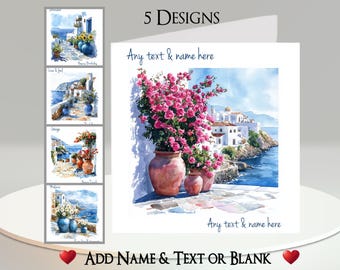 Biglietto d'auguri "Villaggio Costiero": aggiungi il tuo testo + nome, messaggio interno, 5 design. Tropicale, Sole, Casa Continentale, Cottage, Fiori, Città, Mare, Oceano