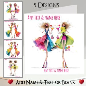Tarjeta de Mejores Amigas: Agrega tu Nombre + Texto, Mensaje Interior, 5 Diseños. Mejores Amigas, Hermanas, Chica Excéntrica, Cóctel, Bebida, Alcohol, Glamour