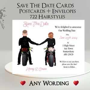 Biker Save The Date-kaart: tekst + naam toevoegen, haar kiezen ~ binnenbericht ~ huwelijk, bruiloft, verloving, motor, motorfiets, fiets