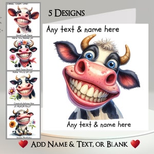 Kuh Karte: Fügen Sie Ihren Text + Name hinzu ~ 5 Designs zur Auswahl ~ Innere Nachricht ~ Lustiges Gesicht Kuh, Lächeln, Rind, Bauernhof, Bauernhof Tier, Humorvoll
