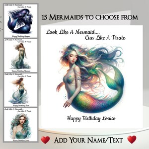Funny Mermaid Card: Add Your Text + Name ~ 15 Mermaids To Choose From ~ Inside Message ~ Look Like A Mermaid, Cuss Like A Pirate, Siren, Sea