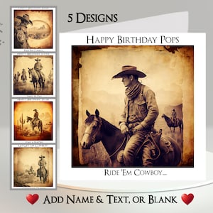 Cowboy Card: Aggiungi il tuo testo + nome ~ 5 design tra cui scegliere ~ Messaggio interno ~ Western, Far West, Cowboy, Cowgirl, Stivali, Cappello, Cavallo