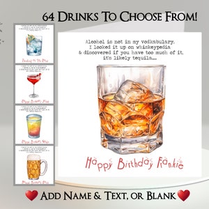 Carte à boire avec dictionnaire amusant : ajoutez votre texte et votre nom, choisissez parmi 64 boissons ~ message intérieur ~ alcool, drôle, humoristique, jeux de mots, whisky