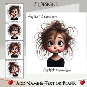Carte fille avec une grimace : ajoutez votre nom + texte, message à l'intérieur, 5 modèles, fille originale, adolescente, grands yeux, lunatique, drôle, humour, dessin animé