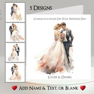 Tarjeta de boda: agregue nombre y fecha ~ Mensaje interior ~ Esposo, esposa, novia, novio, día de la boda, matrimonio, ceremonia de boda, vestido de novia