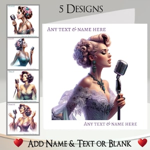 Tarjeta de Cantante: Agrega tu texto + nombre, mensaje interior, 5 diseños. Cantante, cantante, artista discográfico, flores, estilo clásico, retro, glamour.