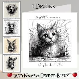 Carte animal à gribouiller : ajoutez votre texte, votre nom, un message à l'intérieur, 5 motifs. Chat, chien, souris, lapin, cheval, dessin au trait, portrait, mignon, original