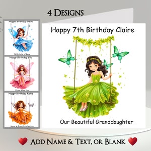 Cartão de balanço de fada: adicione seu texto + nome ~ 4 designs para escolher ~ Mensagem interna ~ Linda fada no balanço, fadas, menina, borboleta, fantasia