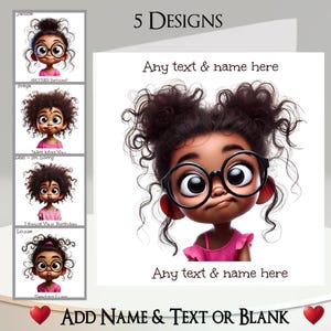 Carte fille avec une grimace : ajoutez votre nom + texte, message à l'intérieur, 5 modèles, fille originale, adolescente, grands yeux, lunatique, drôle, humour, dessin animé