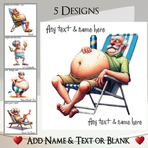 Carte homme plage : ajoutez votre nom + texte, message à l'intérieur, 5 modèles, homme original, transat, mer, fantaisiste, alcool, drôle, humoristique