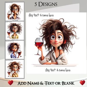Carte fille vin : ajoutez votre nom + texte, message à l'intérieur, 5 modèles, fille originale, femme, dame fantasque, dessin animé, alcool, drôle, humour