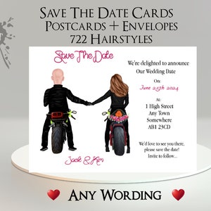 Biker Save The Date-kaart: tekst + naam toevoegen, haar kiezen ~ binnenbericht ~ huwelijk, bruiloft, verloving, motor, motorfiets, fiets