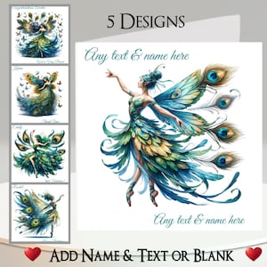Carte fée paon : ajoutez votre texte, votre nom, un message à l'intérieur, 5 modèles. Aile, Oiseau, Plume de paon, Papillons, Coloré, Lumineux, Fantastique