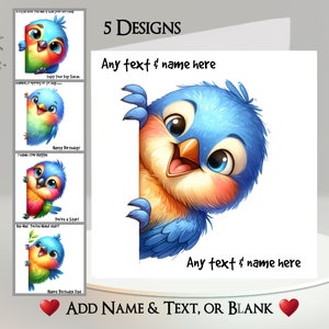 Tarjeta de pájaro: agregue su texto + nombre ~ Mensaje interior ~ Pájaro que mira fijamente, Pájaro gracioso, Pájaro lindo, Pájaro azul, Arcoíris, Colorido, Divertido, Humorístico, Lindo