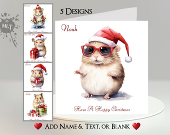 Hamster Christmas Card: Add Your Text + Name ~ Inside Message ~ Cute Hamster, Santa Suit, Santa Hat, Gifts, Christmas Lights, Sunglasses