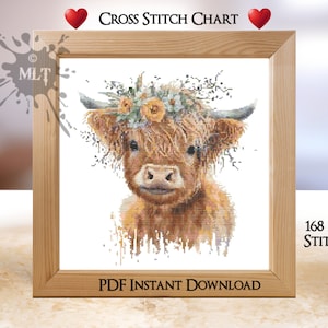 Highland Cow Counted Cross Stitch Chart: Instant PDF Download.  Coloured and Black & White Chart. Full DMC Floss List. Cute Cow With Flowers