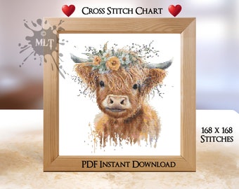 Highland Cow Counted Cross Stitch Chart: Instant PDF Download.  Coloured and Black & White Chart. Full DMC Floss List. Cute Cow With Flowers