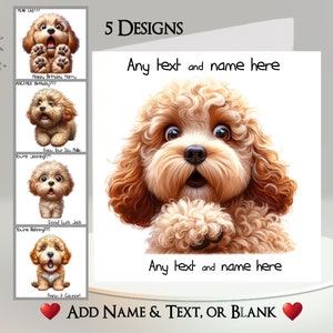 Carte chien : ajoutez votre texte et votre nom ~ message à l'intérieur ~ 5 modèles au choix ~ chiot, chien, chien surpris, cockapoo, caniche, chien duveteux, drôle
