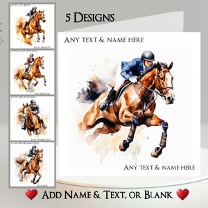 Ruiterkaart: tekst + naam toevoegen ~ 5 ontwerpen om uit te kiezen ~ bericht aan de binnenkant ~ Paardensport, springpaard, paarden, dressuur, paardenshow
