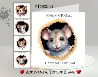 Mouse Card: Add Your Text + Name ~ 5 Designs To Choose From ~ Inside Message ~ Cute Mouse In Hole, Peeking Mouse, Mice, Rodent, Pet