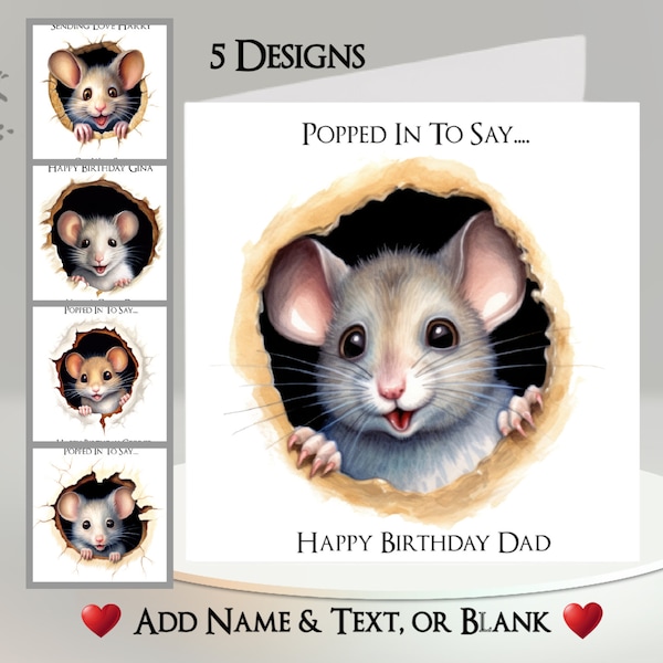 Mouse Card: Add Your Text + Name ~ 5 Designs To Choose From ~ Inside Message ~ Cute Mouse In Hole, Peeking Mouse, Mice, Rodent, Pet