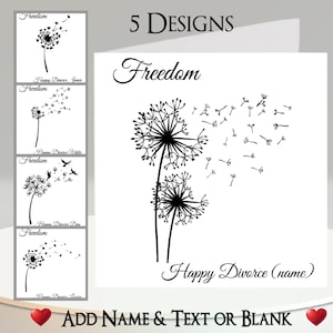 Carte de divorce : ajoutez votre texte + votre nom, un message à l'intérieur, 5 modèles. Personnalisé, Rupture, Divorcé, Pissenlit, Oiseaux, Liberté, Noir et blanc