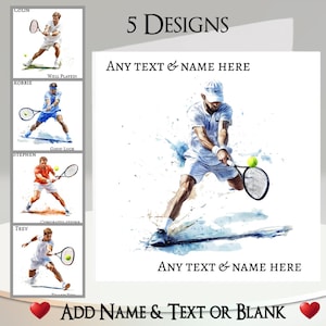 Biglietto di tennis maschile: aggiungi il tuo testo + nome, messaggio interno, 5 design. Partita di tennis, giocatore di tennis, palla da tennis, rovescio, servizio, due, sport