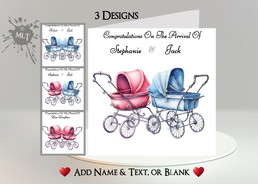New Baby Twins Card: Add Your Names + Text ~ Inside Message ~ Newborn ...