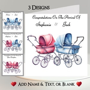 Carte de nouveaux jumeaux : ajoutez vos noms + texte ~ message intérieur ~ nouveau-né, bébé, landau, poussette, fils, fille, jumeaux, nouveaux parents, grands-parents