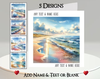 "Calm Beach Karte: Fügen Sie Ihren Text + Namen hinzu ~ ""Inside Nachricht"" "" Tropischer Strand, Meer, Ozean, Wellen, Sand, Küste, Küstenszene."
