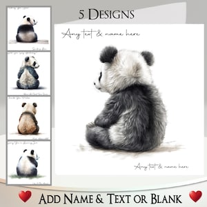 Tarjeta de Panda: Agrega tu texto + Nombre, Mensaje interior, 5 diseños para elegir ~ Oso panda, Dorso de oso, Lindo, Oso blanco y negro, Dibujo