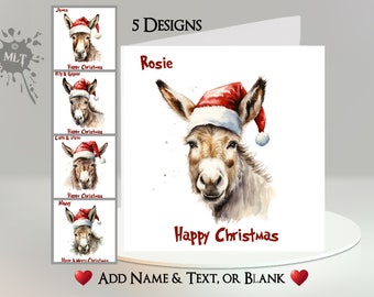 Biglietto natalizio con asino: aggiungi testo + nome ~ messaggio interno ~ asino carino, asino con cappello da Babbo Natale, asino con cappello di Babbo Natale, mulo, asino