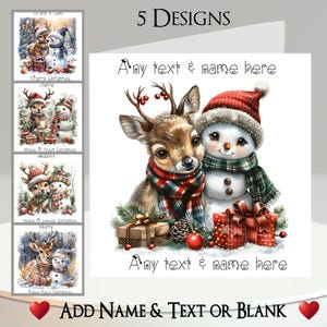 Carte de Noël : ajoutez votre texte et votre nom, message à l'intérieur, 5 motifs, renne, cerf, faon, bois, bonhomme de neige, neige, cadeau, cadeau, bois, écharpe
