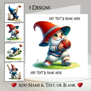 Gnome Cricket Card: Aggiungi il tuo testo + nome ~ Messaggio interno ~ Personalizzato, Gioco di cricket, Battitore, Lanciatore, Fielder, Wicket, Century, Sport