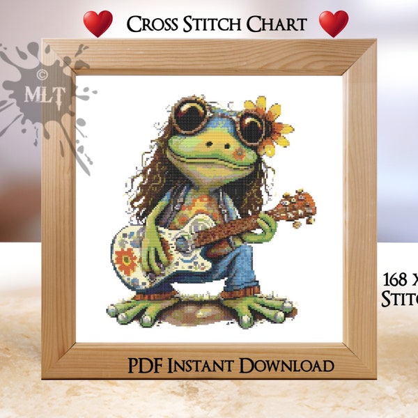 Hippy Frog Counted Cross Stitch Chart: Instant PDF Download.  Coloured and Black & White Chart. Full DMC Floss List. Cute Frog With Guitar