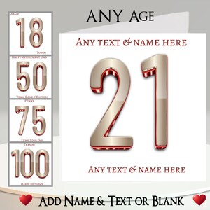 Biglietto di compleanno con numero: aggiungi il tuo nome + testo, messaggio interno. QUALSIASI età, oro, rosso, compleanno importante, ricordo