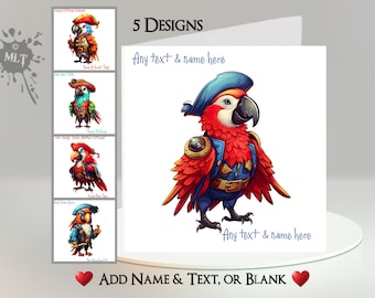 Pirate Parrot Card: Add Your Text + Name ~ 5 Designs To Choose From ~ Inside Message ~ Funny Parrot, Bird, Pirate Hat, Pieces Of Eight