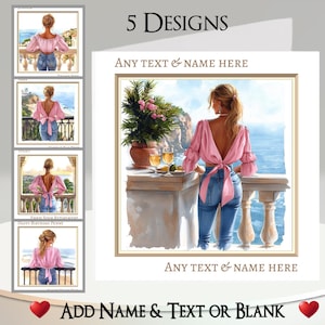Carte fille balcon : ajoutez votre nom + texte, message à l'intérieur, 5 modèles. Jeans Femme, Vacances, Vue, Vin, Mer, Océan, Plage, Côte