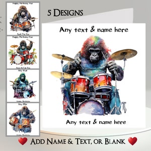 Carte gorille tambour : ajoutez votre texte + nom ~ message intérieur ~ batterie, batterie, chimpanzé, singe jouant de la batterie, rocker, musique, instrument, groupe de rock