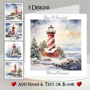 Tarjeta navideña: agrega tu texto + nombre, mensaje interior, 5 diseños, faro, nieve, árbol de Navidad, escena de nieve, mar, océano, costa, playa