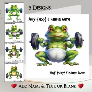 Gewichtheber Frosch Karte: Füge deinen Text + Name hinzu, Innenbotschaft, 5 Designs. Frosch, Kröte, Gymnasium, Gym, Gewichte, Gewichtheben, Workout, Sport