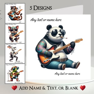 Rockin 'Tier Karte: Füge deinen Text + Namen hinzu ~ In der Nachricht ~ Panda, Tiger, Katze, Hase, Schildkröte, Bass, Gitarre, Six-String, Bass, Musik, Rock