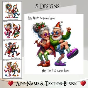 Kerstkaart: tekst en naam toevoegen, bericht binnenin, 5 ontwerpen, grappig stel, ouderen, feest, pyjama, kerstmuts, kerstballen, wijn, bier